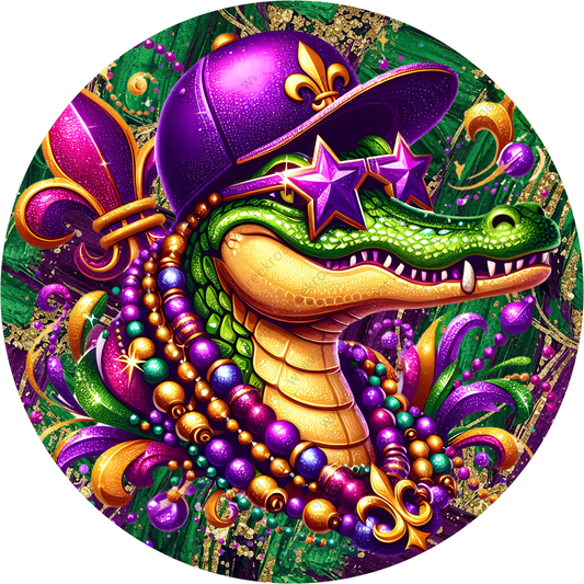A colorful and whimsical illustration of a green alligator wearing a purple hat, sunglasses, and a beaded necklace, surrounded by a vibrant array of flowers, beads, and other decorative elements.