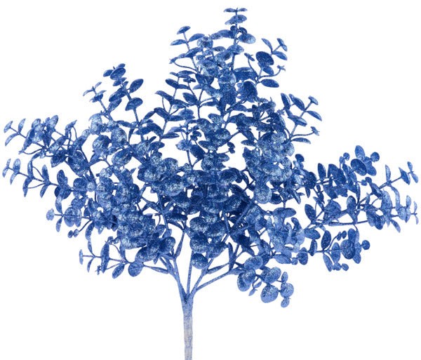 A blue-colored artificial tree with numerous small leaves and branches, creating a striking and vibrant visual effect.