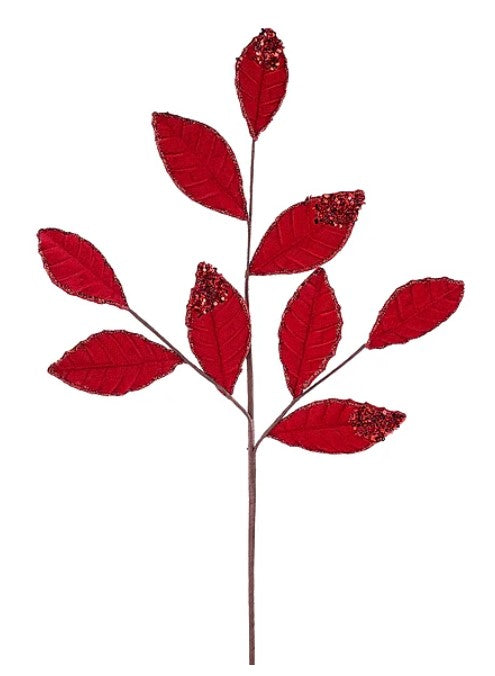 A branch with red leaves and glittery decorations.