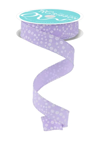A spiral-shaped purple ribbon with white polka dots is shown against a white background.