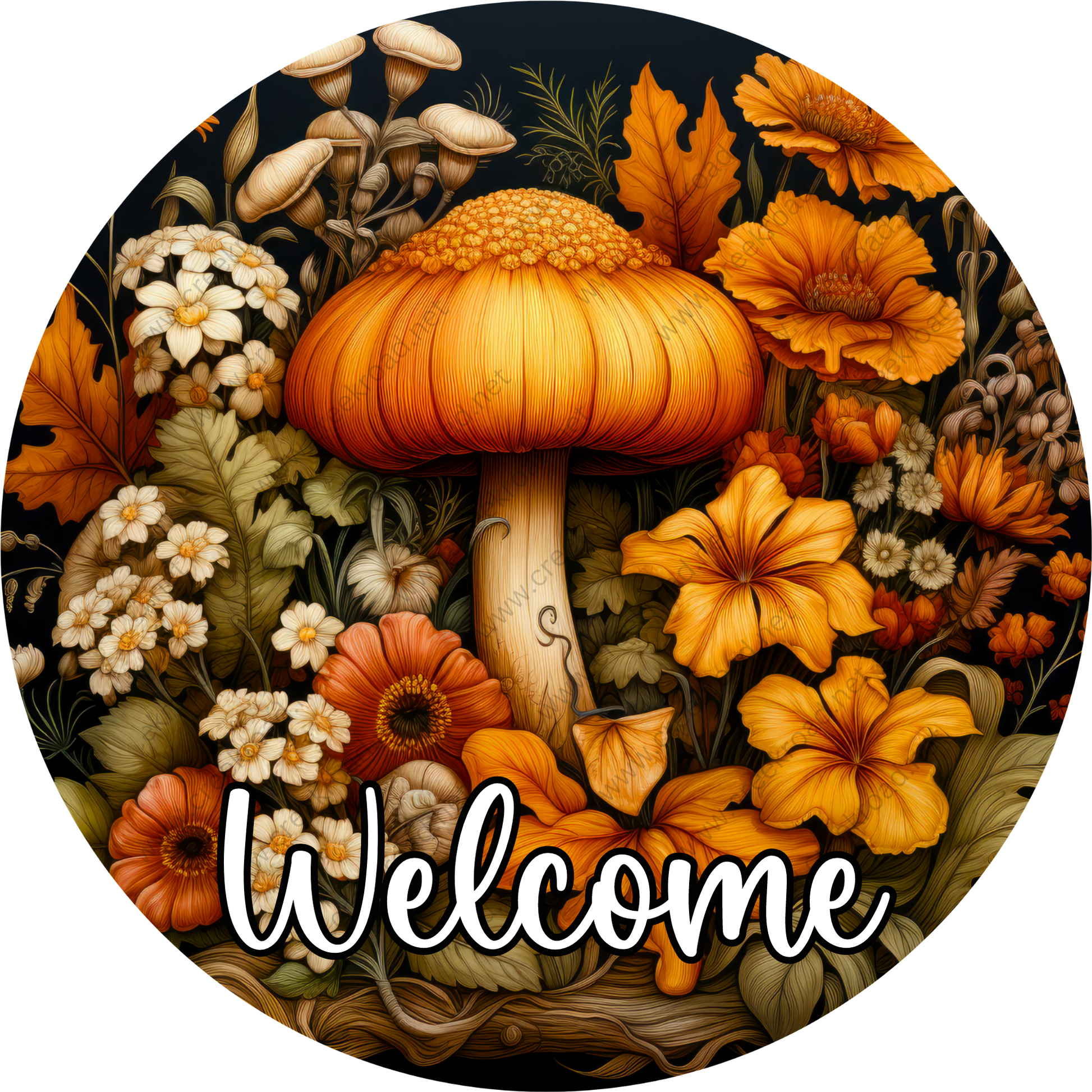 a picture of a welcome sign surrounded by flowers and mushrooms