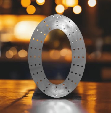 a close-up view of a metallic object with a circular shape, possibly a piece of machinery or a decorative element.