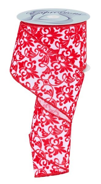 a red and white floral patterned ribbon.