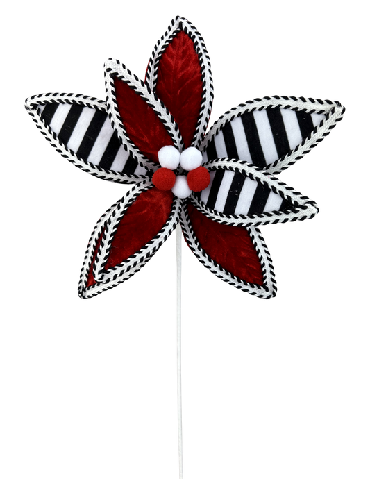 A decorative flower-shaped object with red and black stripes and white pom-poms, standing on a white stick.
