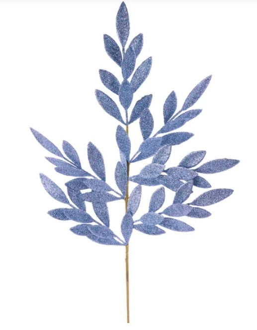 A single, blue leaf-shaped ornament with a gold stem.