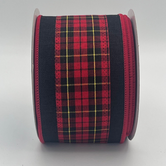 A spool of red and black plaid ribbon with a black border.