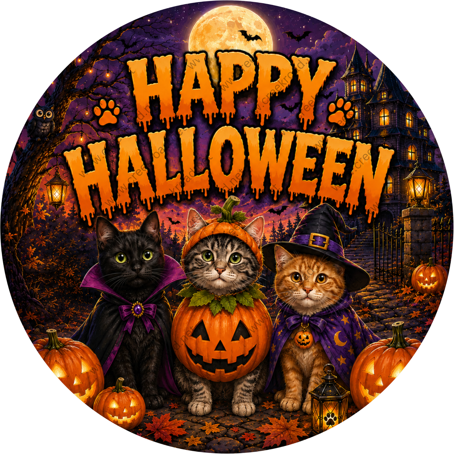 A Halloween-themed illustration featuring three cats dressed in costumes, with jack-o-lanterns and a full moon in the background.