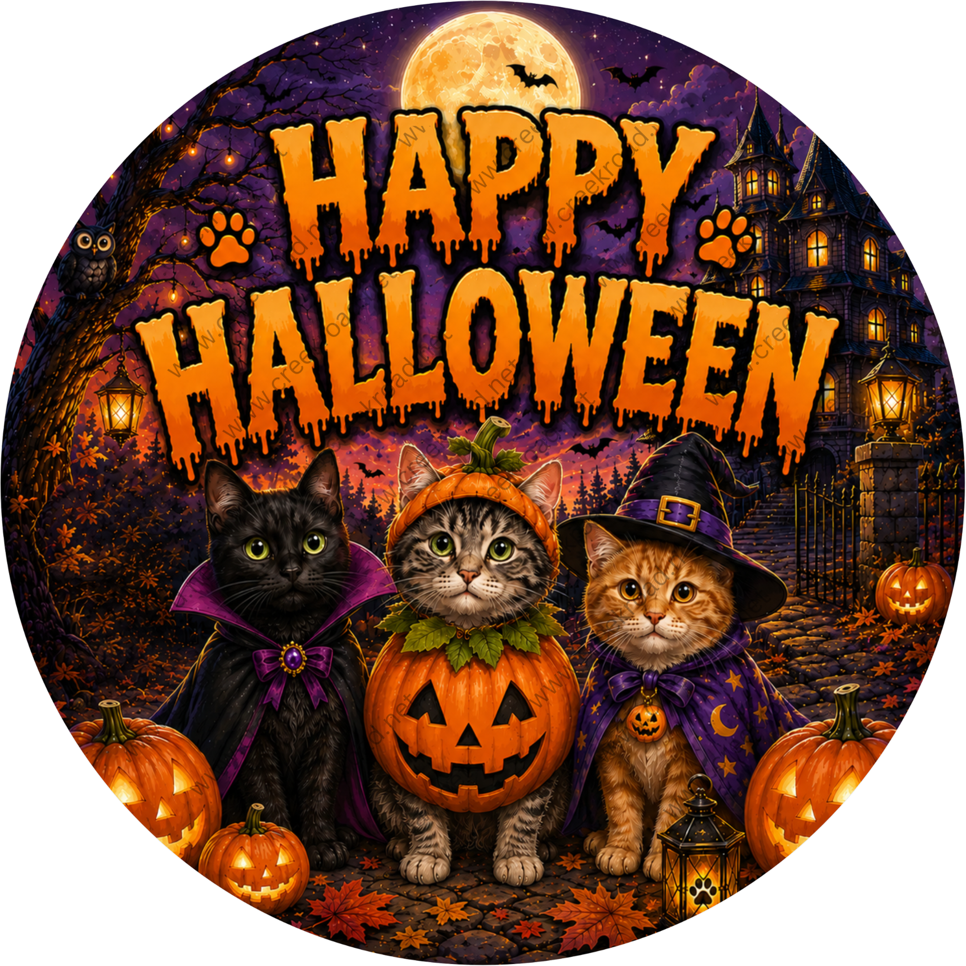 A Halloween-themed illustration featuring three cats dressed in costumes, with jack-o-lanterns and a full moon in the background.