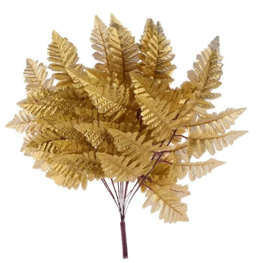 A bunch of golden fern leaves arranged in a cluster.