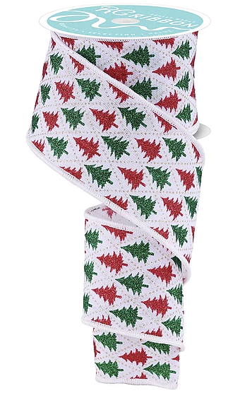 A roll of Christmas tree-patterned ribbon with a repeating pattern of red and green Christmas trees.