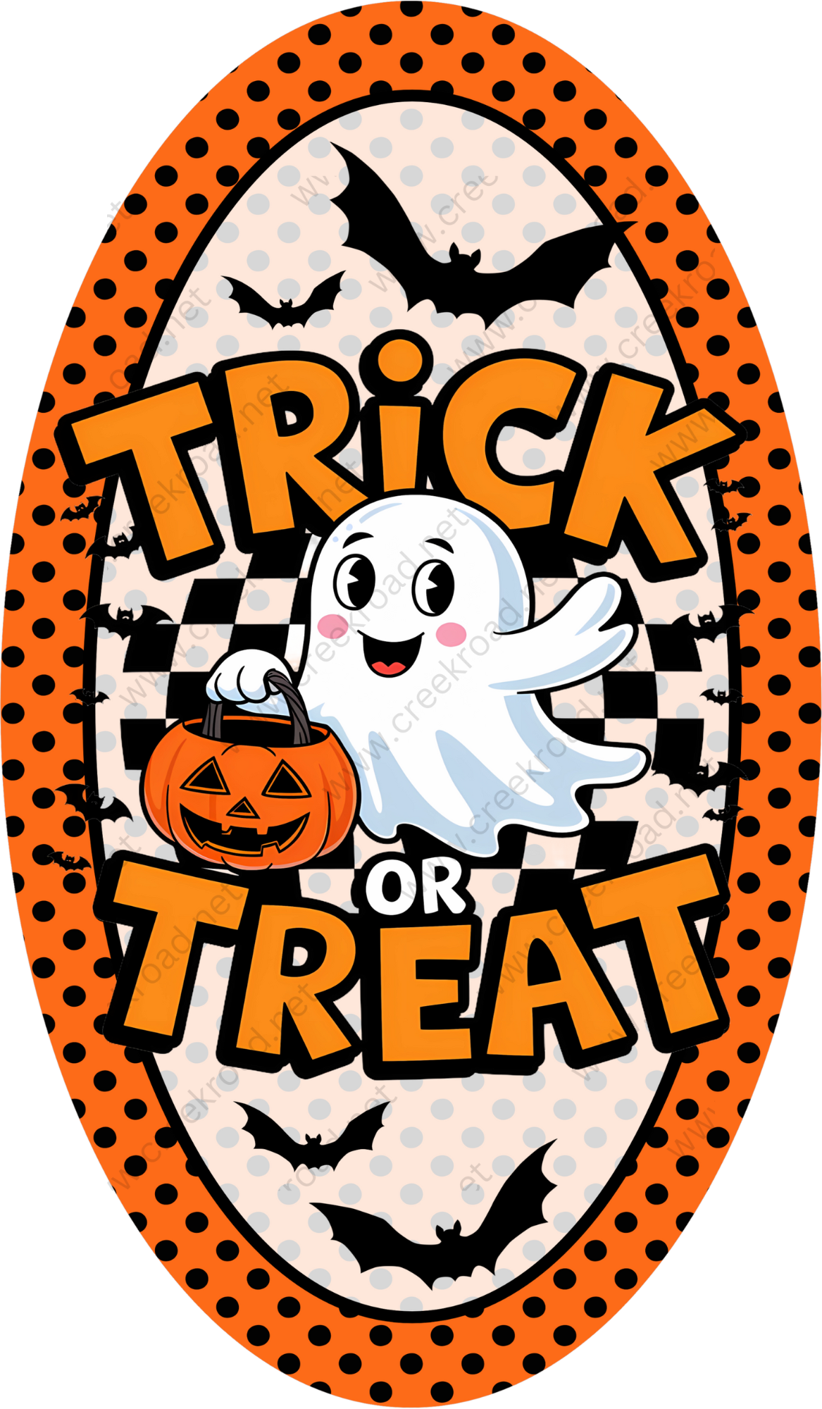 a trick or treat sticker with a ghost and pumpkin