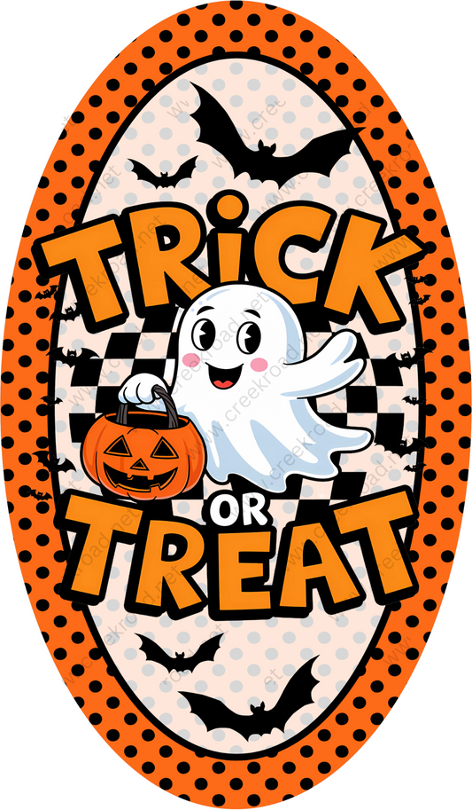 a trick or treat sticker with a ghost and pumpkin