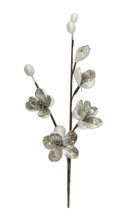 A branch with white and silver flowers, including a large white flower with a silver center and smaller white flowers with silver centers.