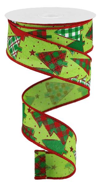 a green and red ribbon with christmas trees on it