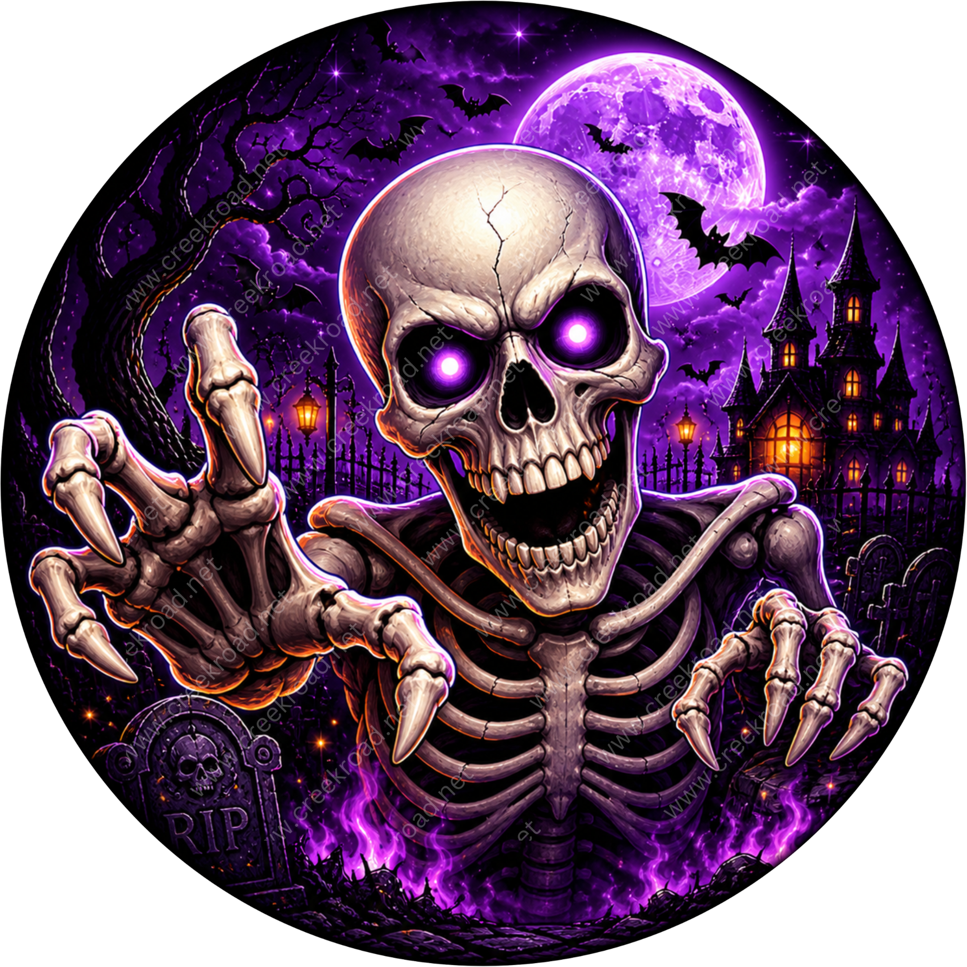 A spooky skeleton with glowing eyes and sharp teeth emerges from the darkness, surrounded by bats, a full moon, and a castle in the background.