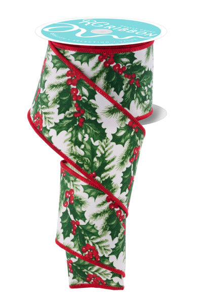 A roll of red and green holly leaf and red berry-colored ribbon with a turquoise label.