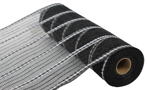 A roll of black and white striped mesh material.