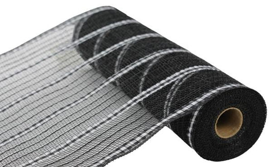 A roll of black and white striped mesh material.