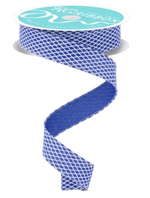 A roll of blue and white checkered ribbon with a white label on top.