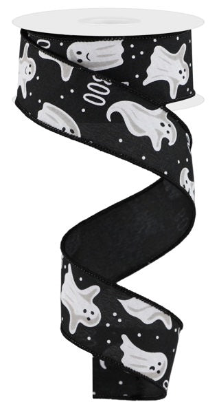 a black and white halloween ribbon with white ghostes on it