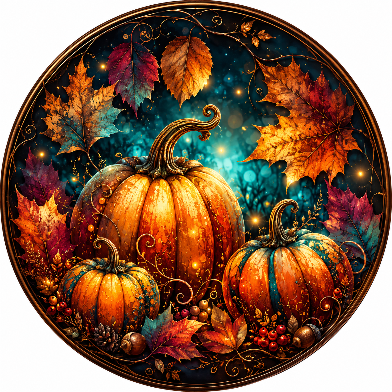 The image is a circular arrangement of three pumpkins, each adorned with autumn leaves and berries, set against a dark blue background with a glowing, starry effect.