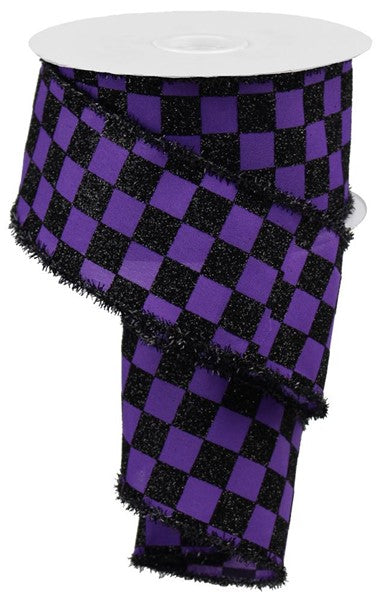 a purple and black checkered ribbon with fringes