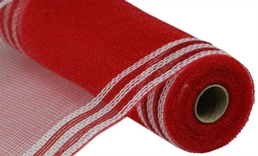 A roll of red and white mesh material.
