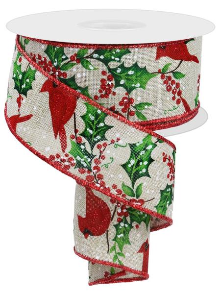 A Christmas-themed ribbon with a repeating pattern of red birds, holly leaves, and berries.
