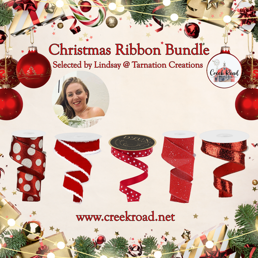 The image is a Christmas-themed advertisement featuring a woman smiling, surrounded by various Christmas decorations such as ornaments, ribbons, and lights.