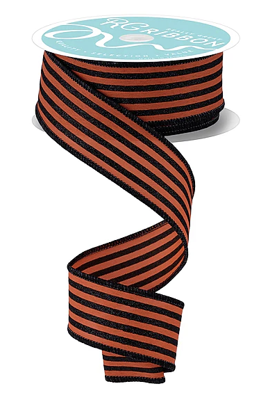 a spool of ribbon with a spiral pattern of alternating black and orange stripes.