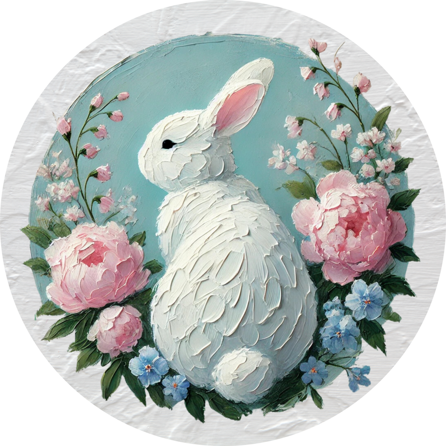 a painting of a white rabbit surrounded by flowers