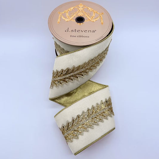 A roll of decorative ribbon with gold and white embellishments, including a gold and white leaf design, is shown against a white background.