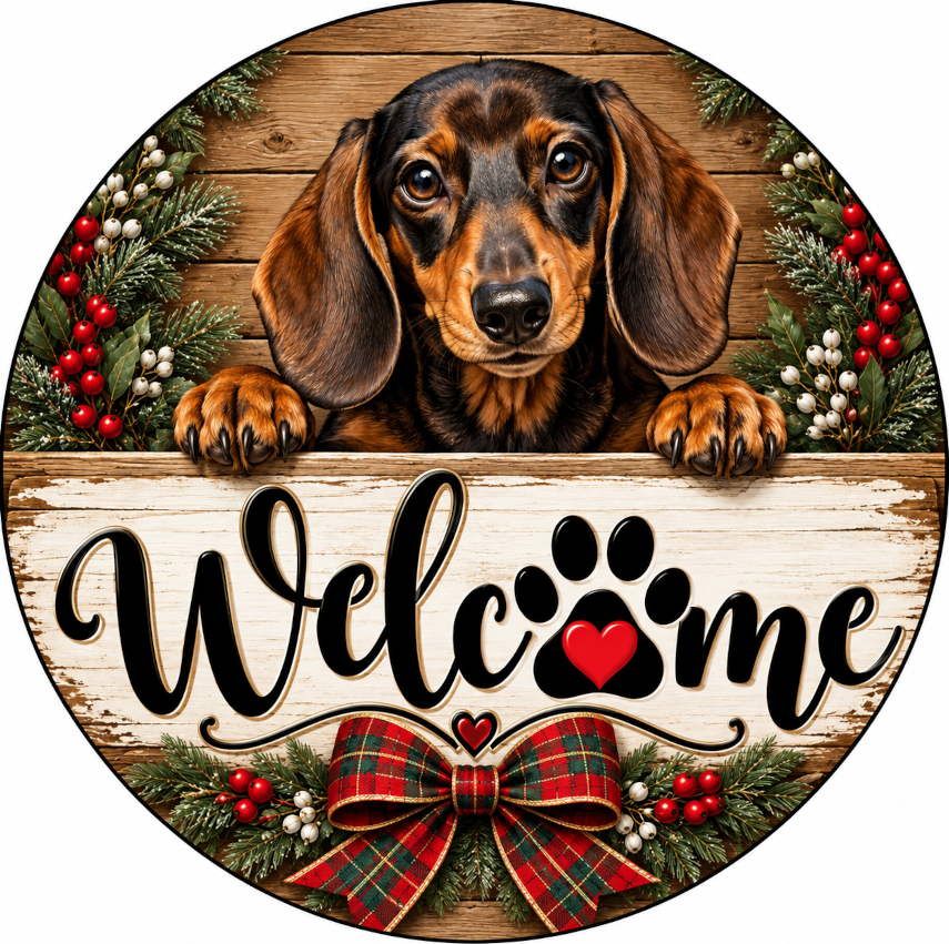 A dog peeking out from behind a wooden sign with the word "Welcome" written on it. The sign is surrounded by holiday decorations such as berries, pine branches, and a plaid bow.