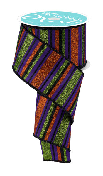 A roll of multicolored, glittery ribbon with a pattern of orange, purple, and green stripes.