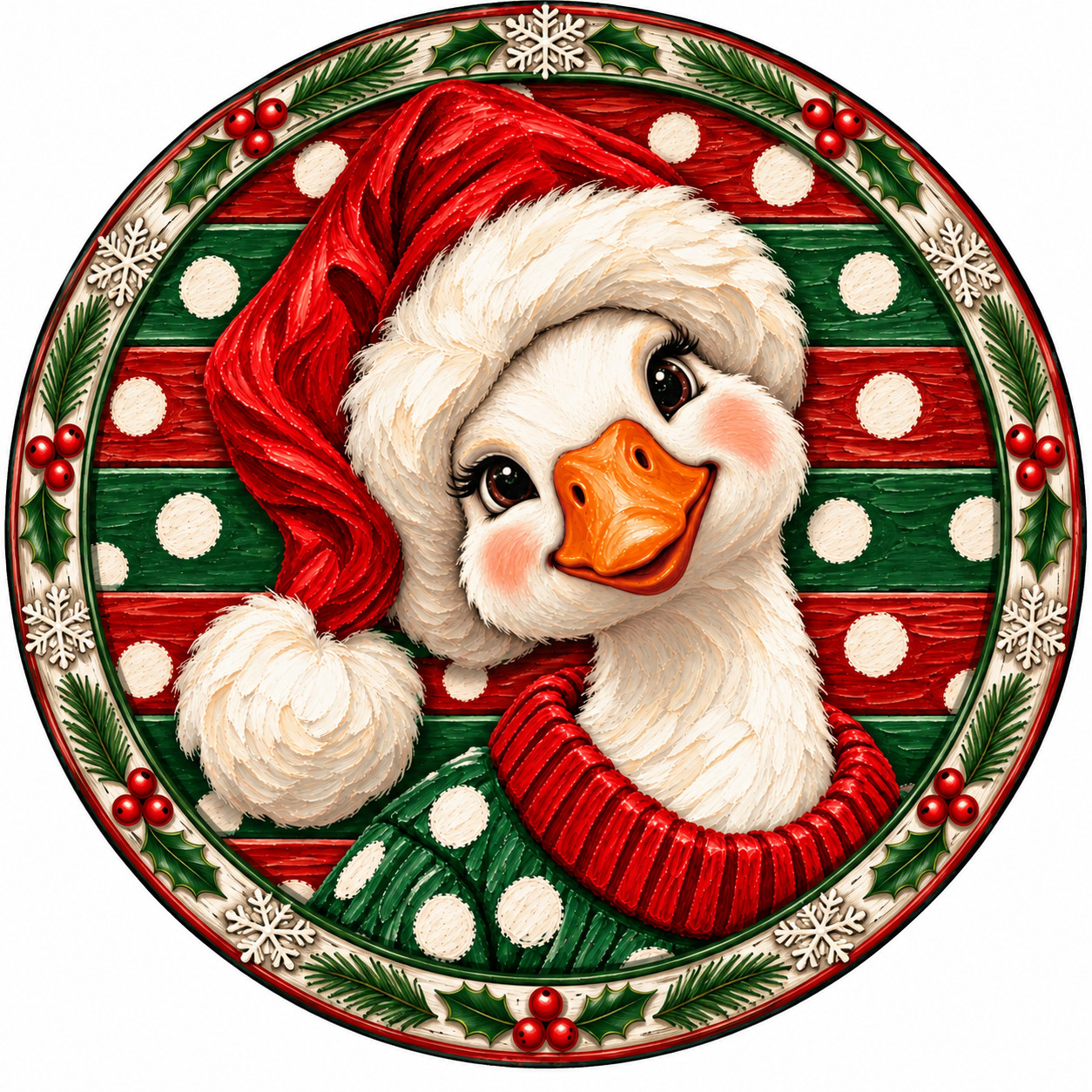 A cheerful white duck wearing a Santa hat and scarf, surrounded by festive holiday decorations such as snowflakes and berries.