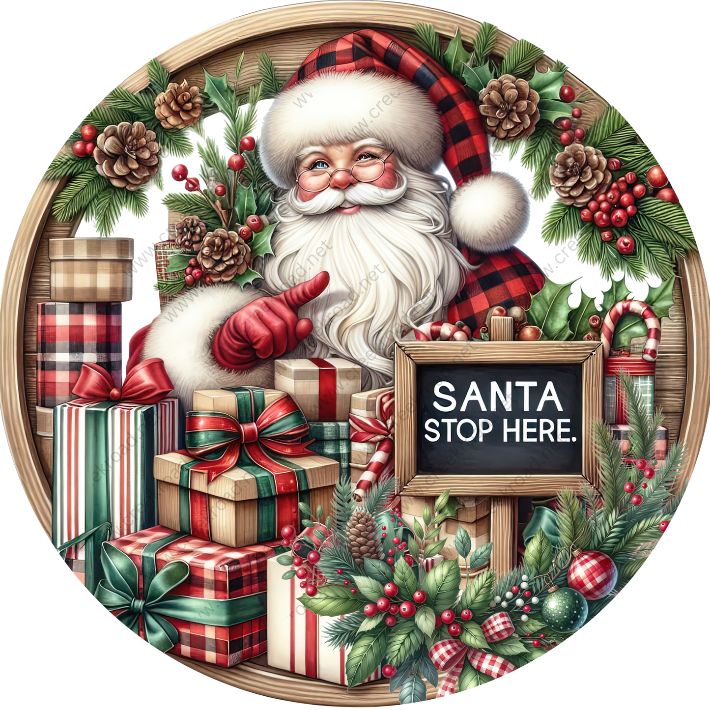 Santa Claus sitting in a wreath of pine cones, presents, and berries, with a sign that says "Santa Stop Here."