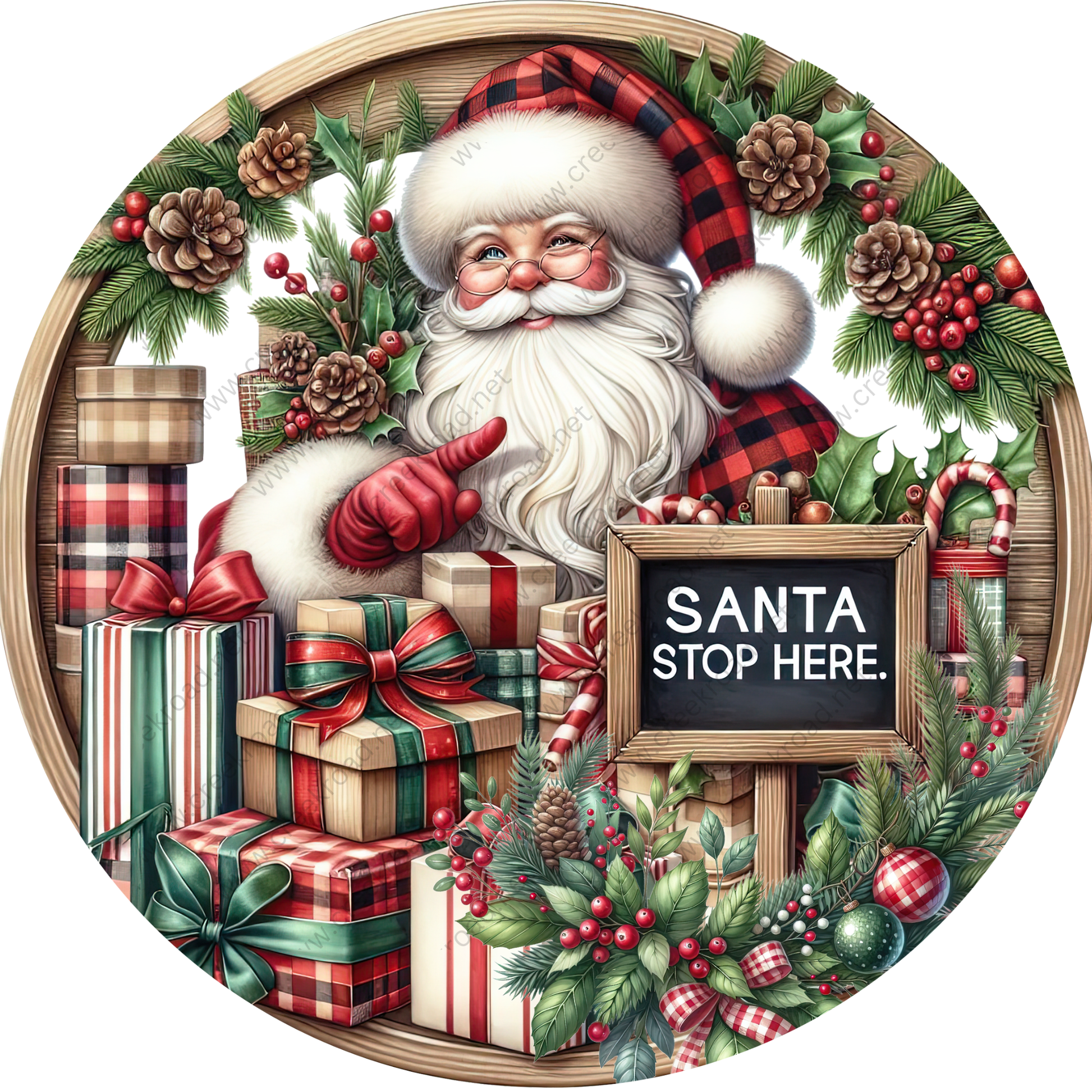 Santa Claus sitting in a wreath of pine cones, presents, and berries, with a sign that says "Santa Stop Here."