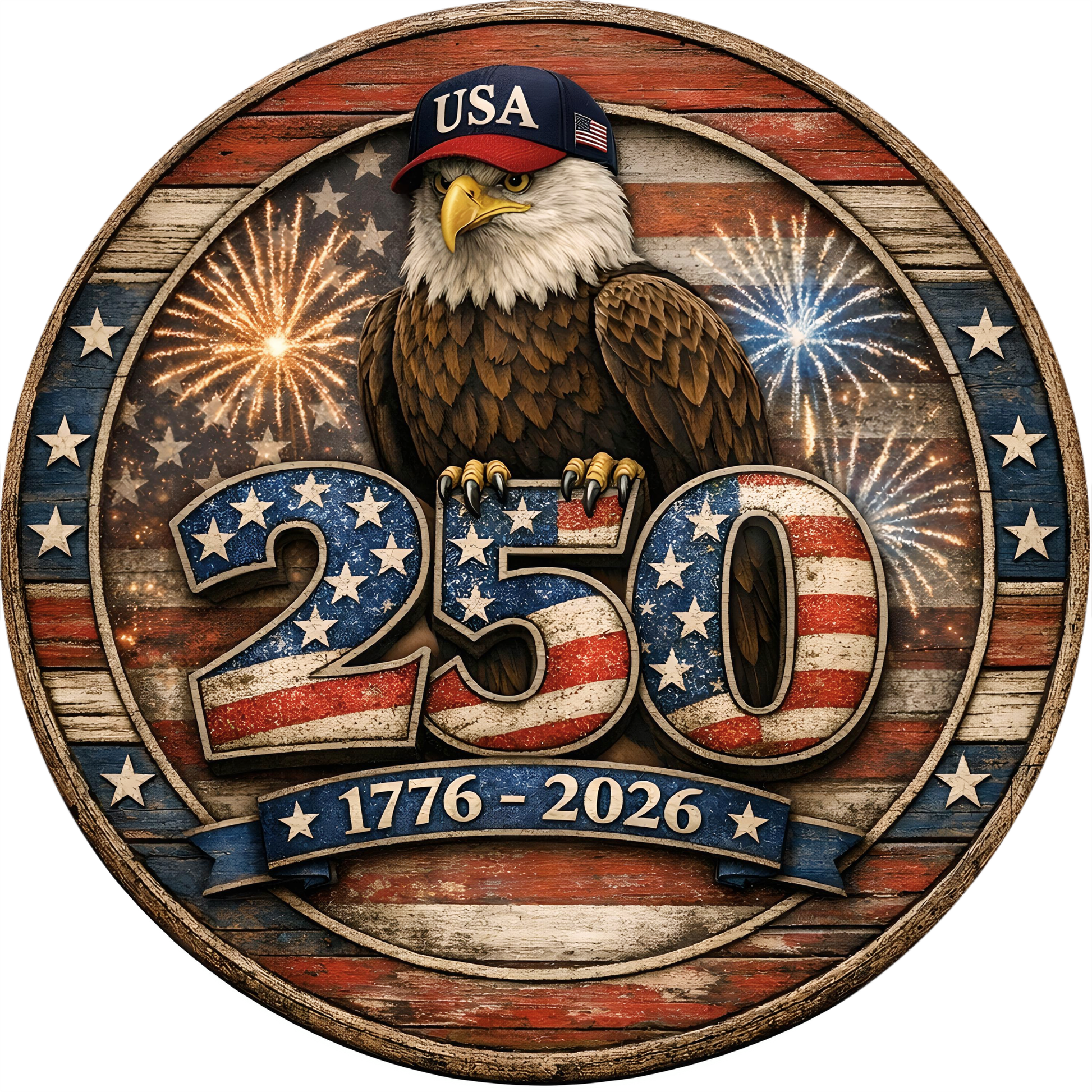 An eagle wearing a hat with the word "USA" on it, surrounded by fireworks and the number "250" in the center of a circular frame.
