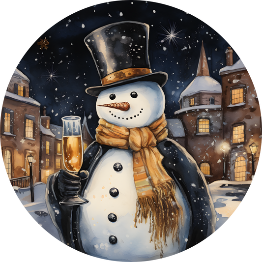 a painting of a snowman holding a glass of wine