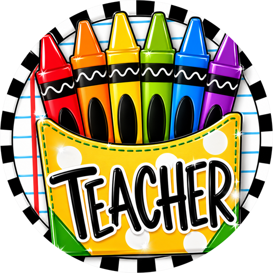 A colorful box of crayons with the word "Teacher" written on it, surrounded by a black and white checkered border.