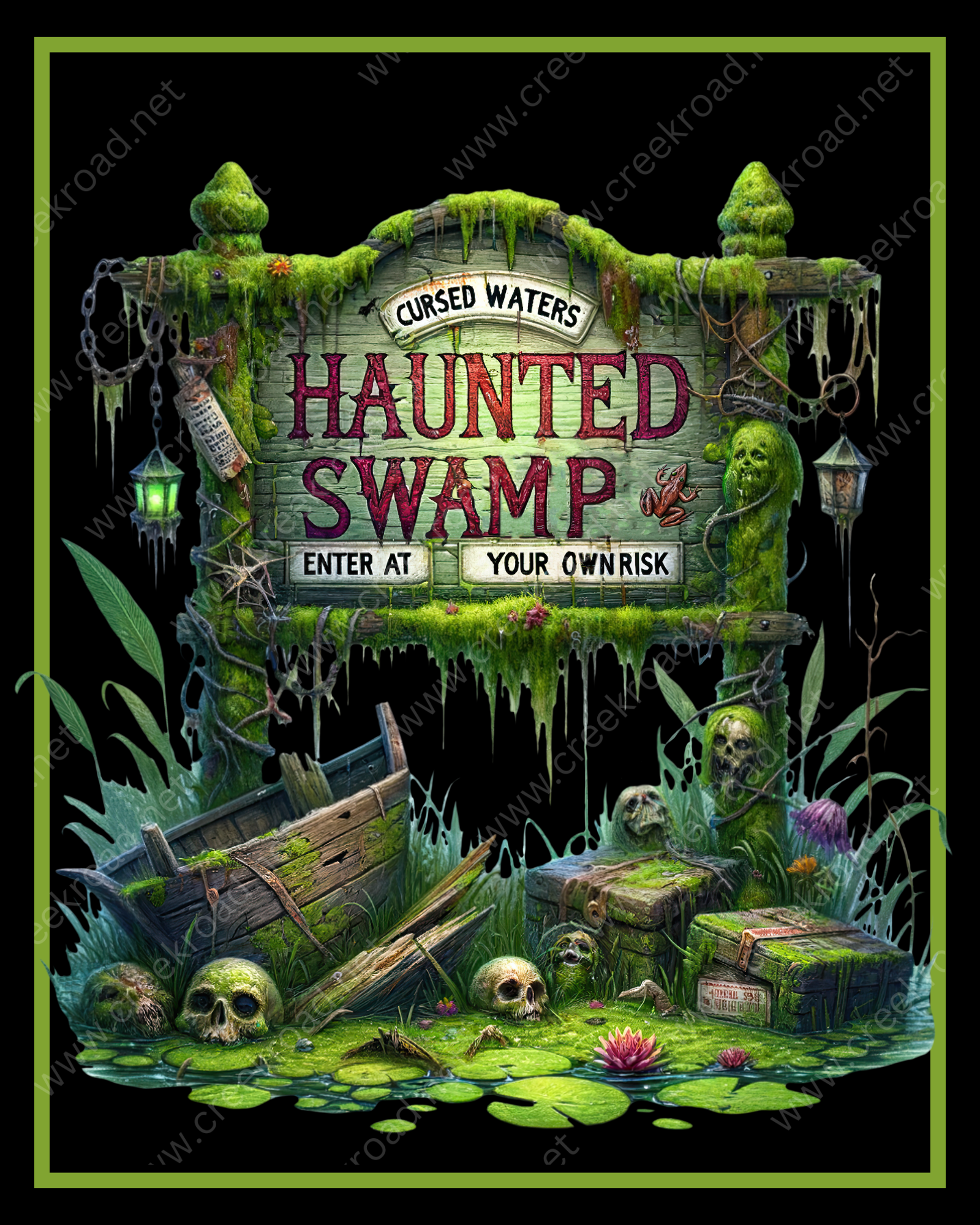 a painting of a swampy swamp with a sign that says haunted swamp