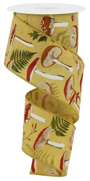 a yellow ribbon with mushrooms and ferns on it