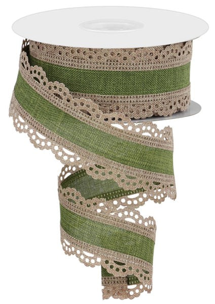 a roll of green and beige ribbon on a white surface