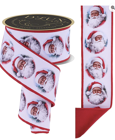 a red ribbon with a repeating pattern of Santa Claus faces on it.