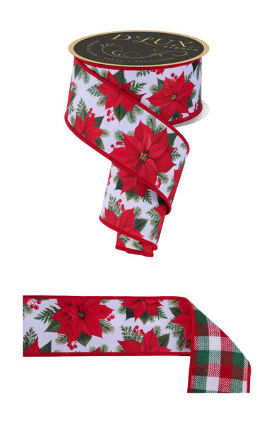 a decorative red and white poinsettia-themed ribbon.