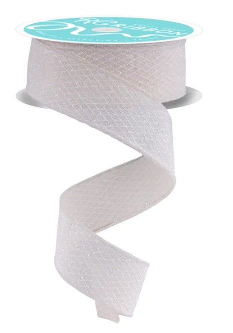 A roll of white mesh ribbon with a teal label.