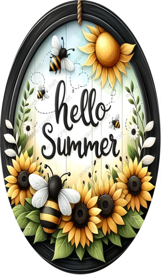 The image is a decorative frame with a floral border, featuring a bee, sunflowers, and the text "Hello Summer" in a stylized font.