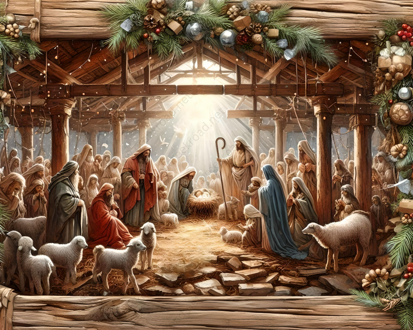 a painting of a nativity scene with the birth of jesus