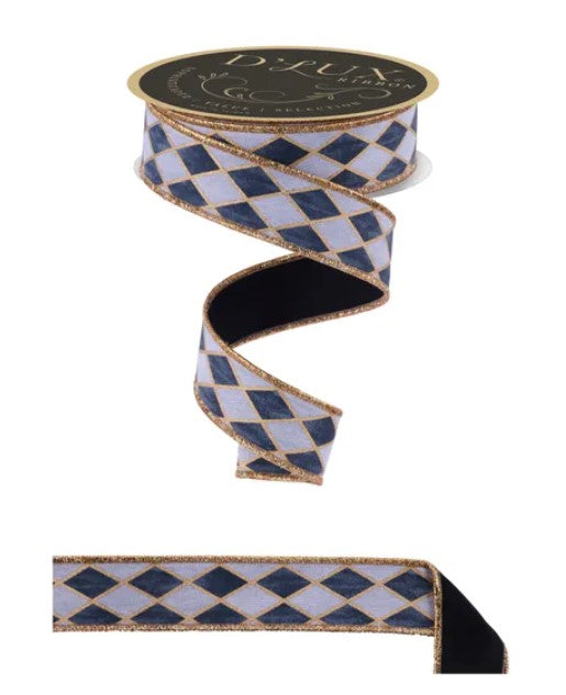 a decorative ribbon with a diamond pattern in shades of blue and gold. The ribbon is placed on a white background, and there is a smaller piece of the same ribbon visible on the bottom right corner.