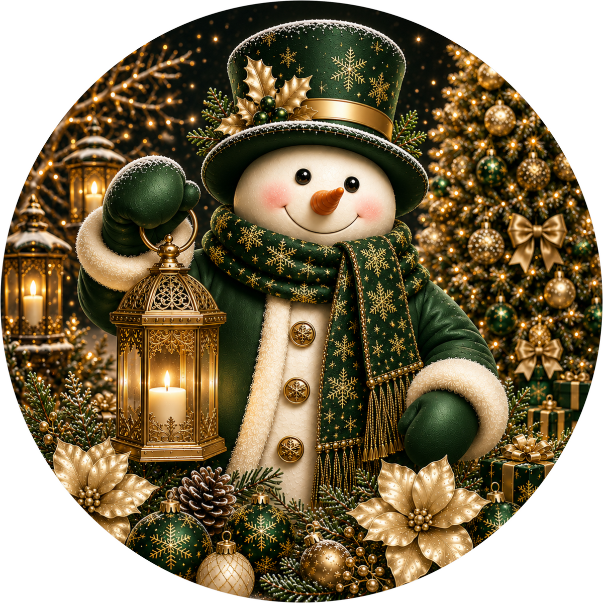 A festive Christmas scene featuring a smiling snowman holding a lantern, surrounded by holiday decorations such as ornaments, lights, and a decorated Christmas tree.
